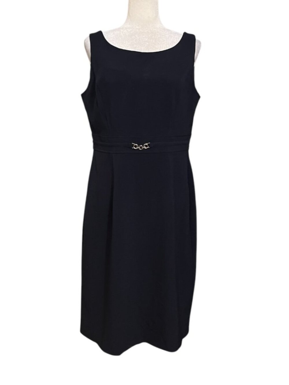 Studio I Dress Womens 12 Navy Blue Sheath Sleeveless Chain Waist Career Midi